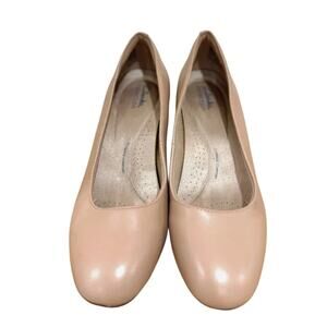 Clarks Nude Leather Wedge Pumps